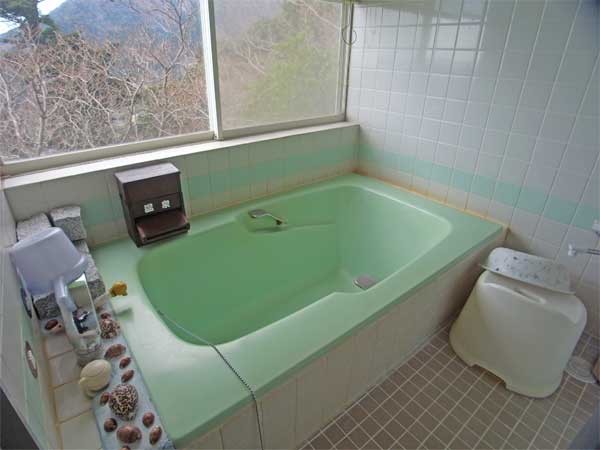 温泉を堪能していただきたいバスルームです。窓の外にはやはり緑が広がります。